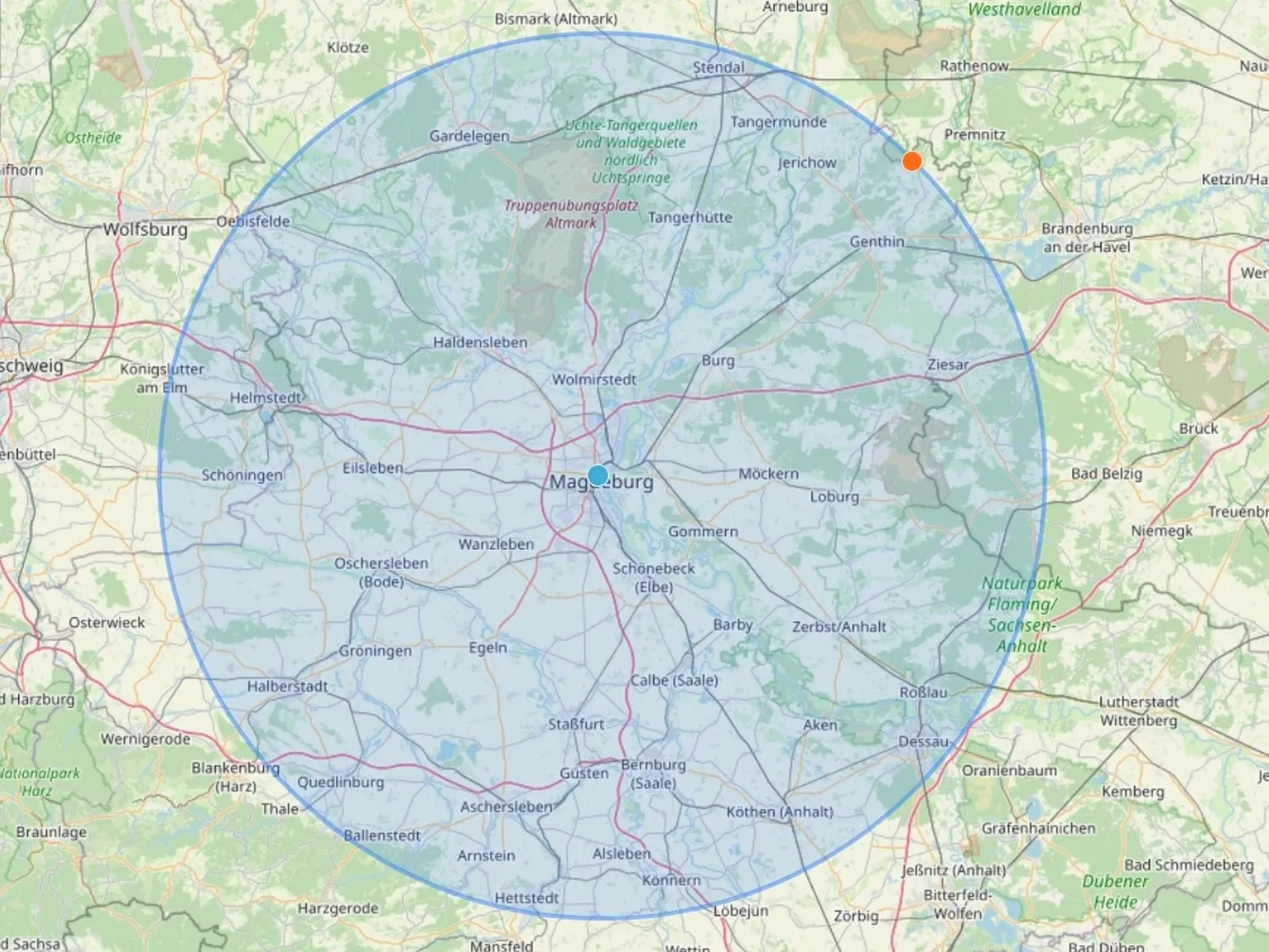 Karte des Aktionsradius der AK Haus, Hof & Garten Service in Magdeburg und Umgebung